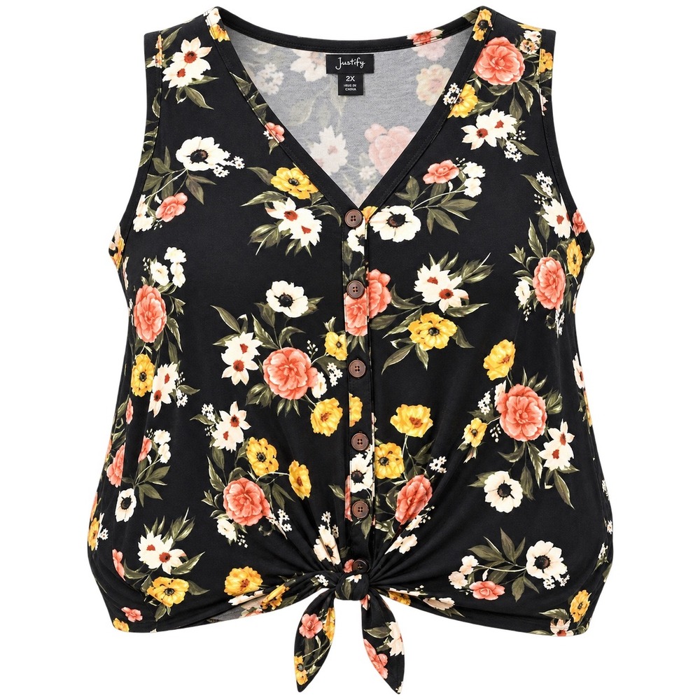 Justify Tank Top Women 2X Black Floral Button Front Tie Hem Boho Coquette